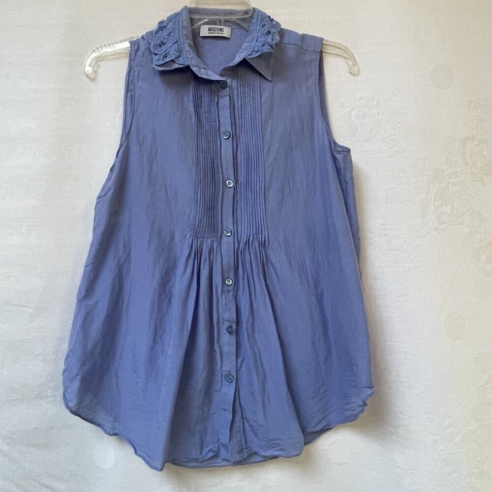 Moschino Cheap and Chic Blouse Womens 8 Silk Sleeveless Tank Preppy Blue Minimal